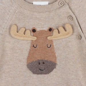 Moose Appliqué Raglan Baby Pullover Sweater - Organic Cotton Oat Heather