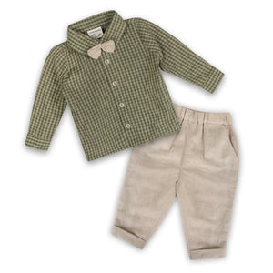 Gingham Shirt & Linen Pant Set - Linen Blend Natural