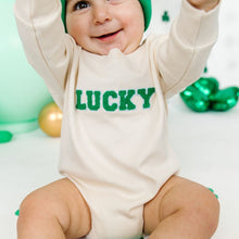 Load image into Gallery viewer, Lucky Varsity Patch St. Patrick’s Day Long Sleeve Romper - Natural
