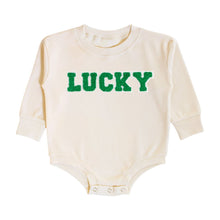 Load image into Gallery viewer, Lucky Varsity Patch St. Patrick’s Day Long Sleeve Romper - Natural
