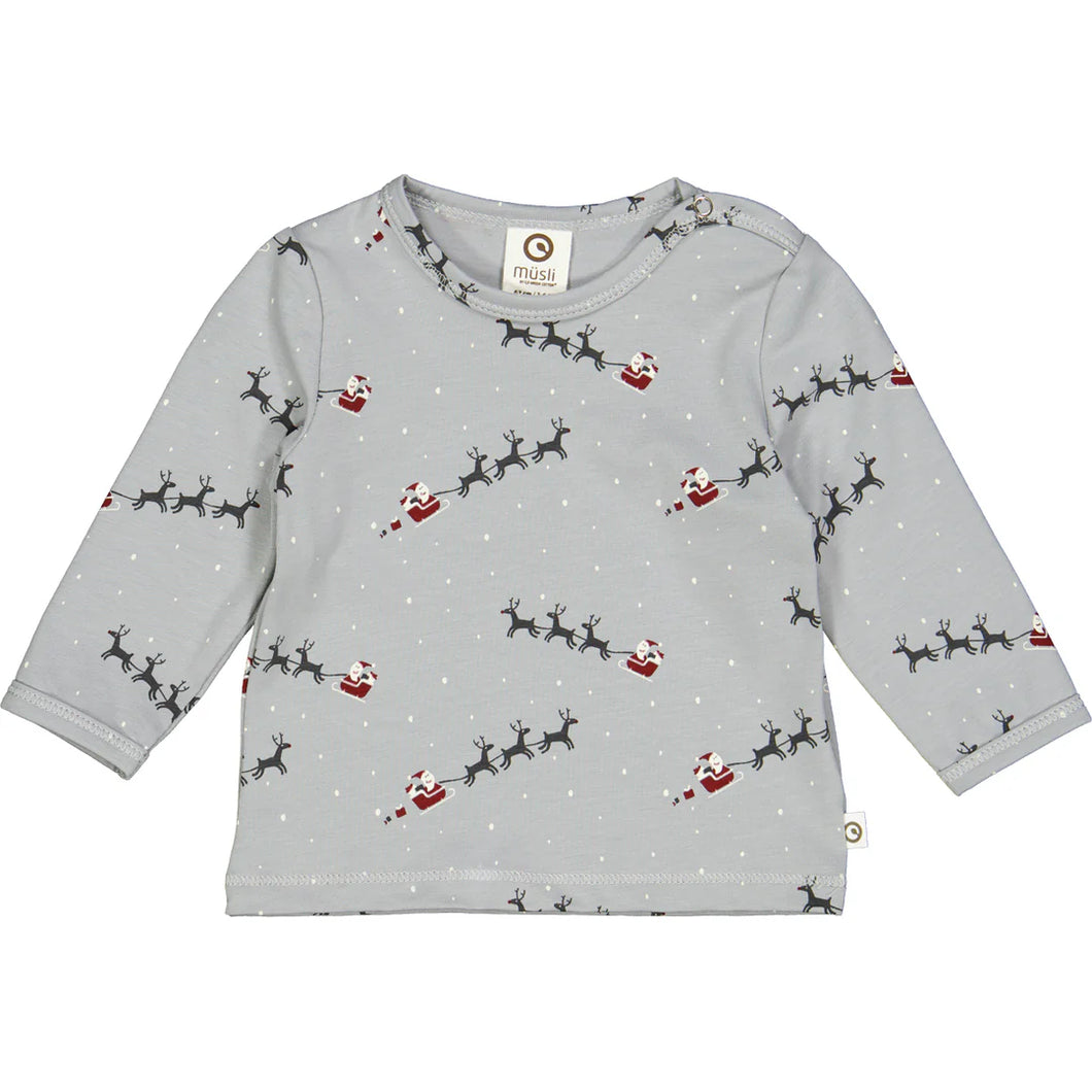 Santa Top With Christmas Print - Jasmin Blue/Mystery Blue/Balsam Cream