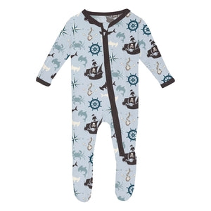 Print Footie With 2 Way Zipper - Illusion Blue Pirate Adventure