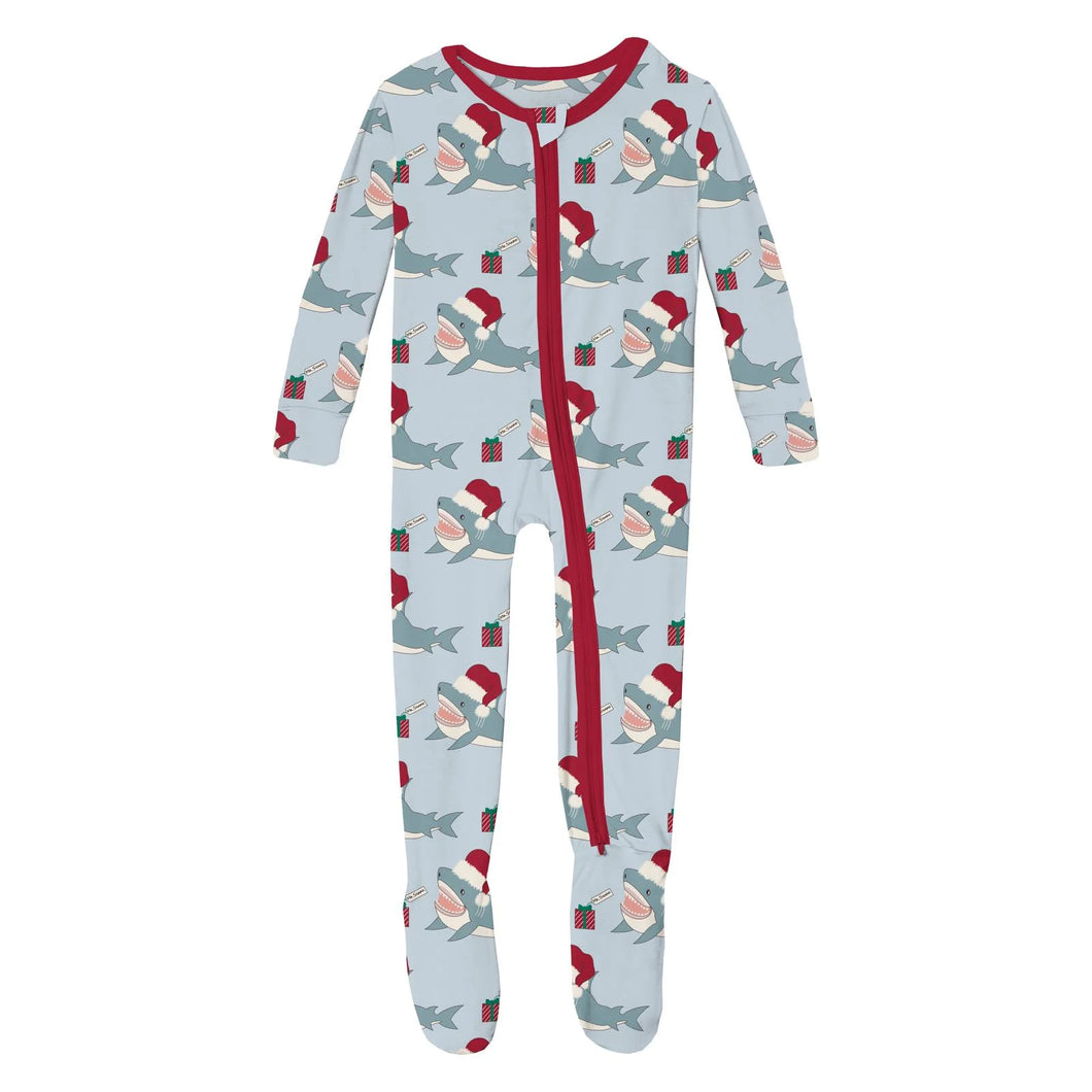 Print Footie With 2 Way Zipper - Illusion Blue Holiday