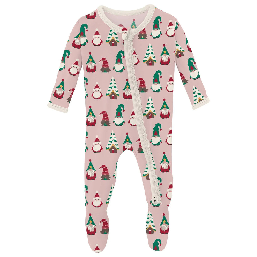 Print Muffin Ruffle Footie With 2 Way Zipper - Baby Rose Gnomes