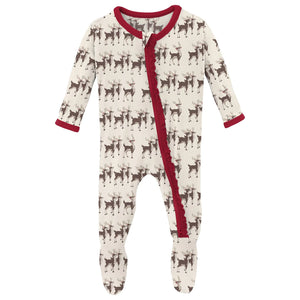 Print Footie With 2 Way Zipper - Natural Rudolph