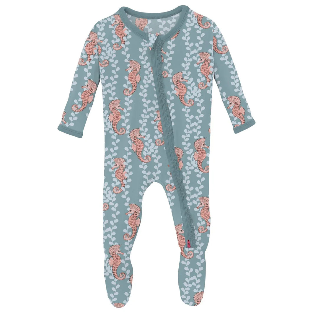 Print Muffin Ruffle Footie With 2 Way Zipper - Stormy Sea Seahorses