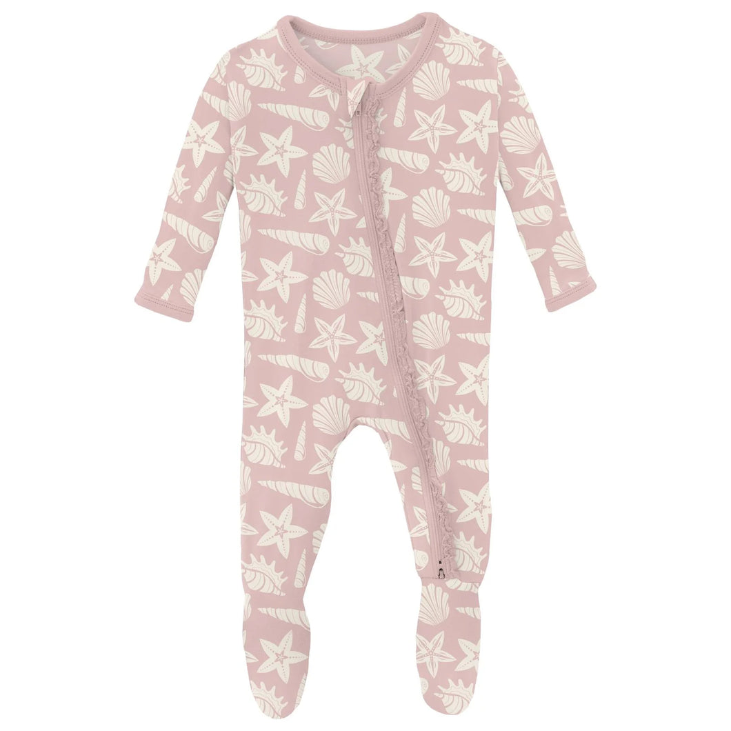 Print Muffin Ruffle Footie With 2 Way Zipper - Baby Rose Shells & Starfish