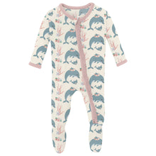 Load image into Gallery viewer, Print Muffin Ruffle Footie With 2 Way Zipper Natural Dolphins
