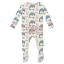 Load image into Gallery viewer, Print Muffin Ruffle Footie With 2 Way Zipper Natural Dolphins
