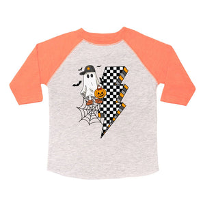 Checker Ghost Halloween 3/4 Shirt - Heather/Orange