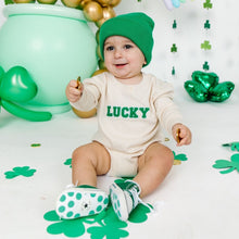 Load image into Gallery viewer, Lucky Varsity Patch St. Patrick’s Day Long Sleeve Romper - Natural
