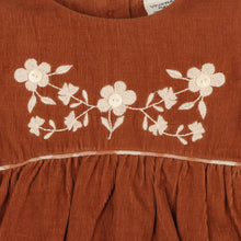 Load image into Gallery viewer, Floral Embroidered Ruffle Baby Romper - Organic Rust Brown
