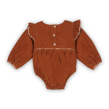 Load image into Gallery viewer, Floral Embroidered Ruffle Baby Romper - Organic Rust Brown
