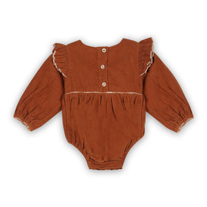 Floral Embroidered Ruffle Baby Romper - Organic Rust Brown