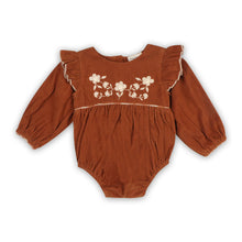 Load image into Gallery viewer, Floral Embroidered Ruffle Baby Romper - Organic Rust Brown
